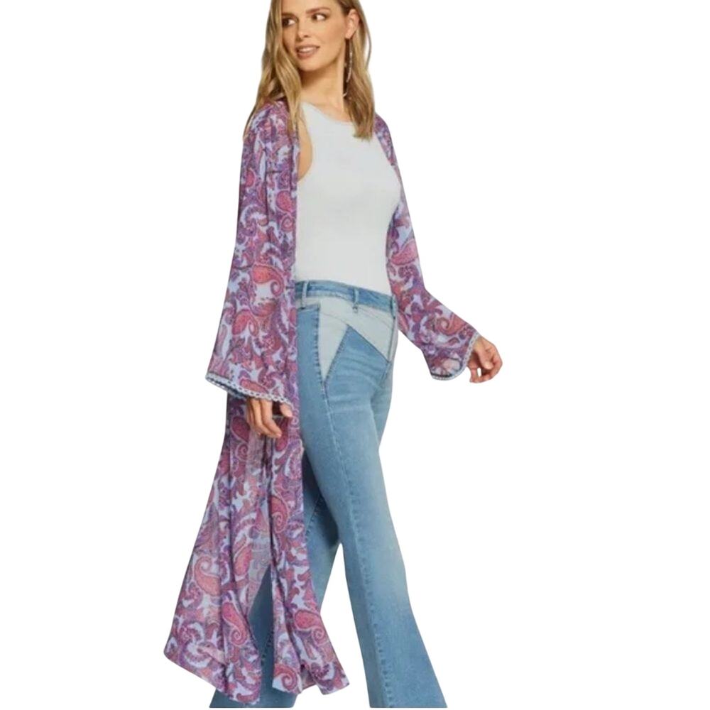 Jessica Simpson Blakely Paisley Print Scallop Edge Slv Boho Style Kimono XS